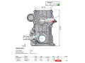 Skan 3D elementu mechanicznego z zaznaczonymi odchyleniami wymiarowymi i tabelą wyników.
