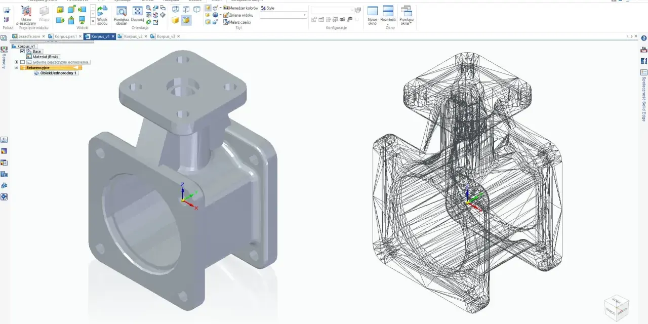 Dwa **druk 3d modele** korpusu, jeden w pełnym kolorze, drugi jako siatka.