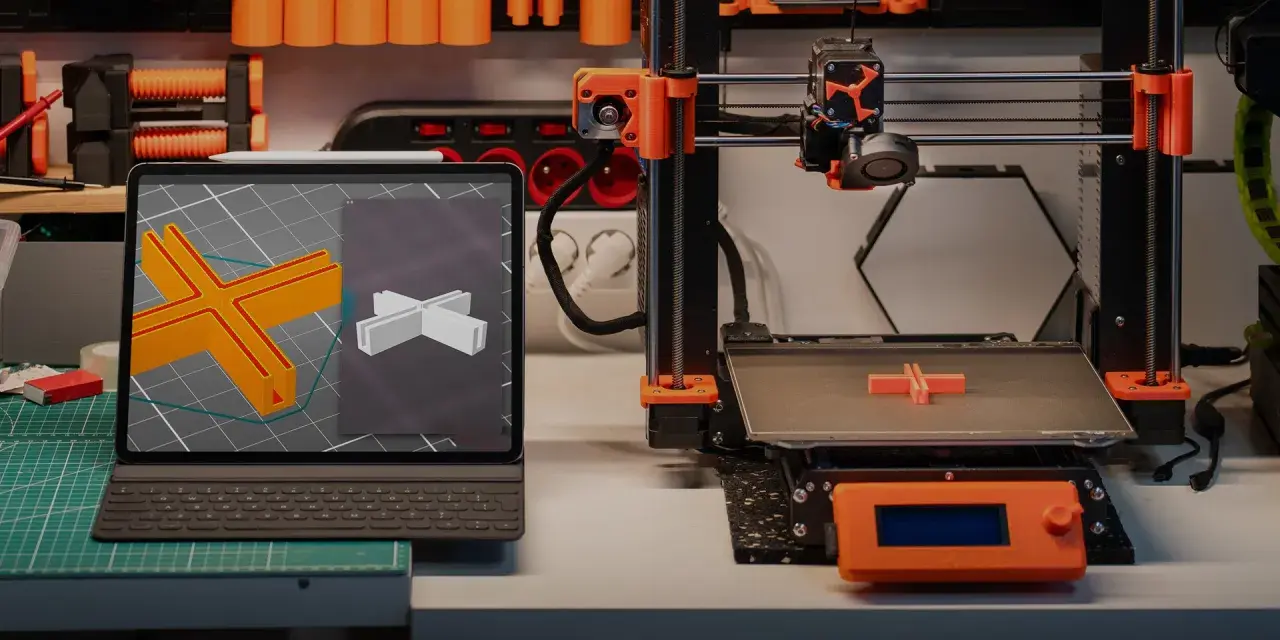 Na stole warsztatowym widać różne rodzaje drukarek 3D, tablet z modelem 3D i wydrukowany element.