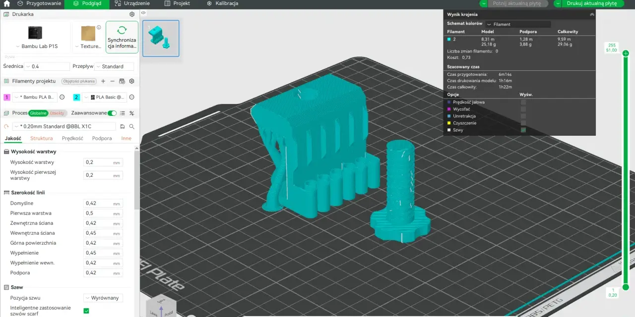 Projekt 3D online: model silnika i śruby gotowe do druku. Ustawienia jakości, struktury i prędkości widoczne w interfejsie.