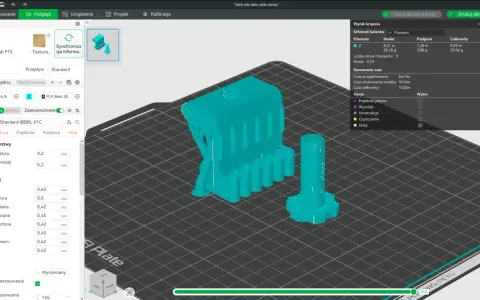 Projekt 3D online: model silnika i śruby gotowe do druku. Ustawienia jakości, struktury i prędkości widoczne w interfejsie.