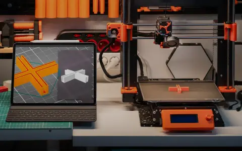 Drukarka 3D drukuje element, a na ekranie tabletu widać model. To ilustracja najczęstszych problemów z drukiem 3d.