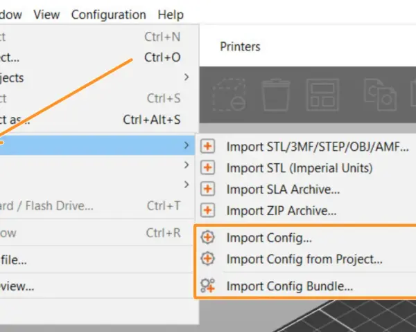 Menu "Import" w slicerze Prusa, z podświetloną opcją "Import Config...".
