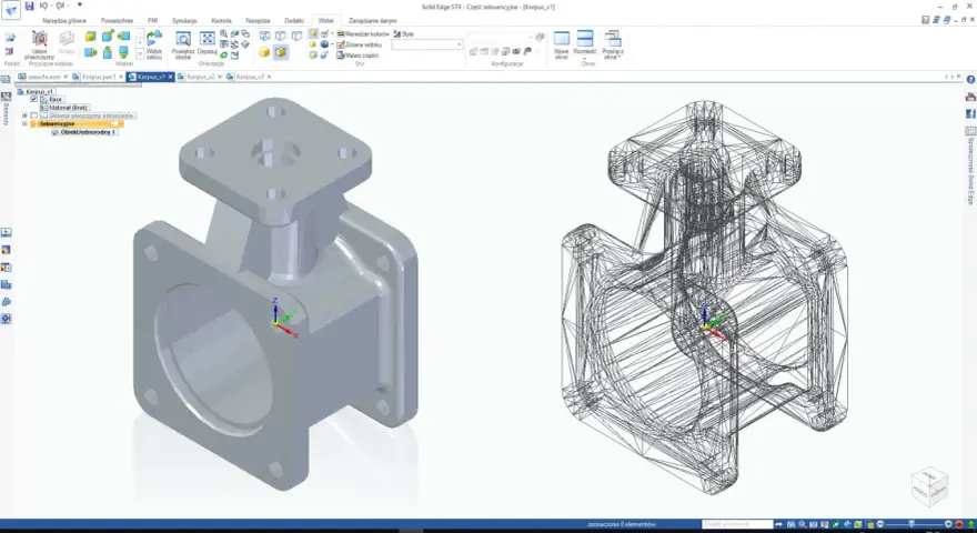 Dwa **druk 3d modele** korpusu, jeden w pełnym kolorze, drugi jako siatka.