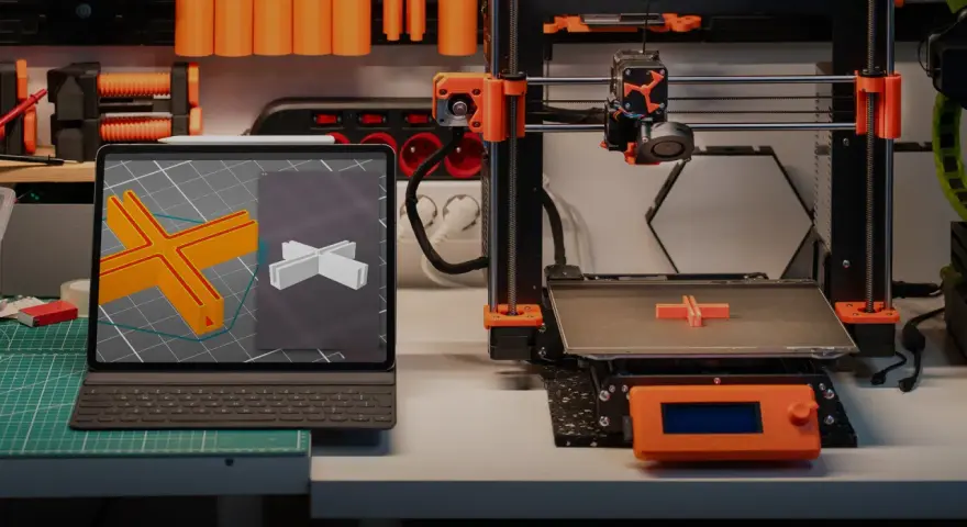 Na stole warsztatowym widać różne rodzaje drukarek 3D, tablet z modelem 3D i wydrukowany element.