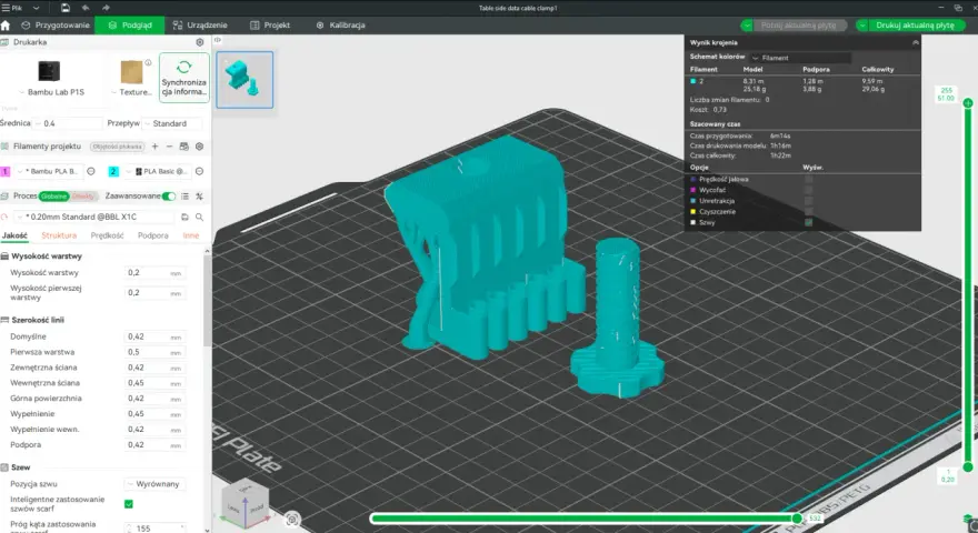 Projekt 3D online: model silnika i śruby gotowe do druku. Ustawienia jakości, struktury i prędkości widoczne w interfejsie.