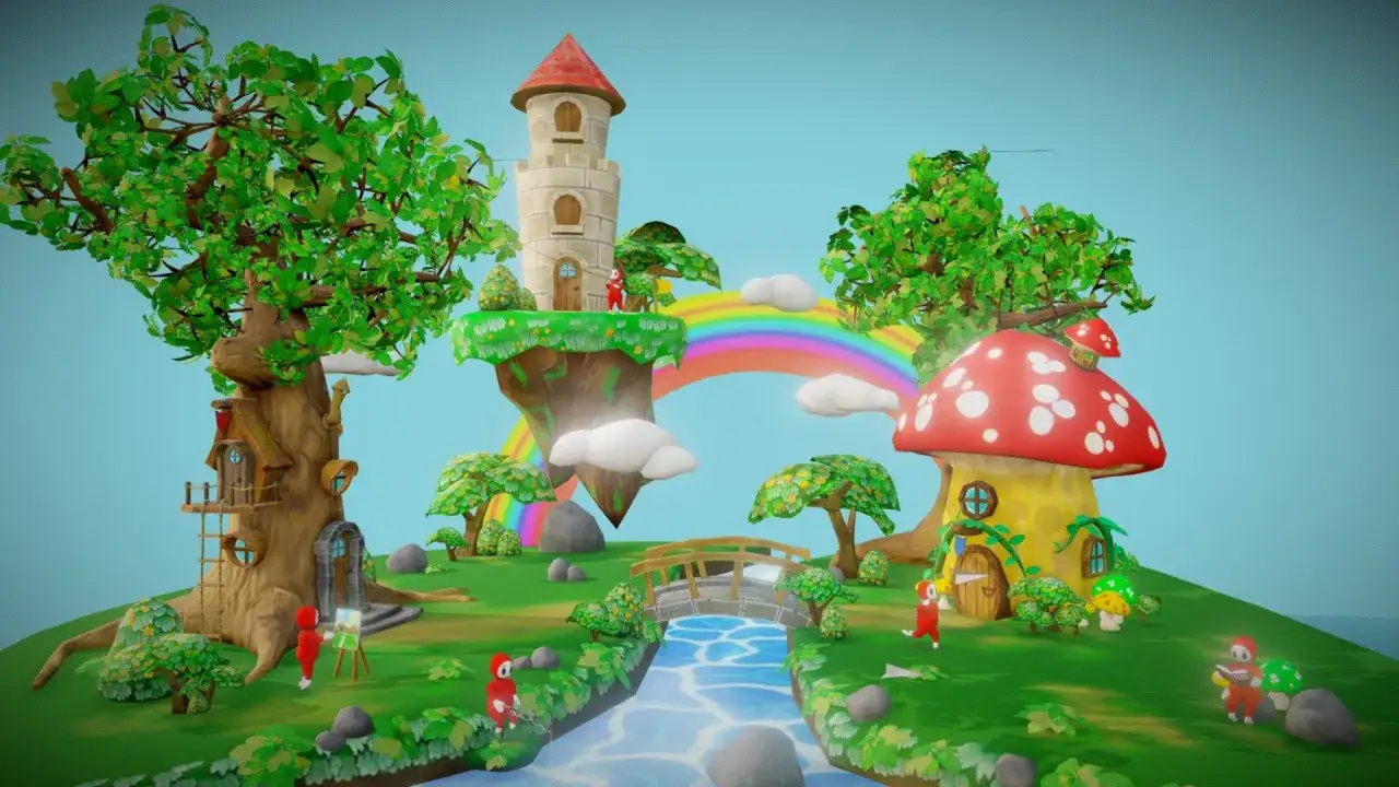 Bajkowa kraina w stylu low poly: latająca wyspa z wieżą, domki w kształcie grzybów, drzewa, tęcza i postacie.