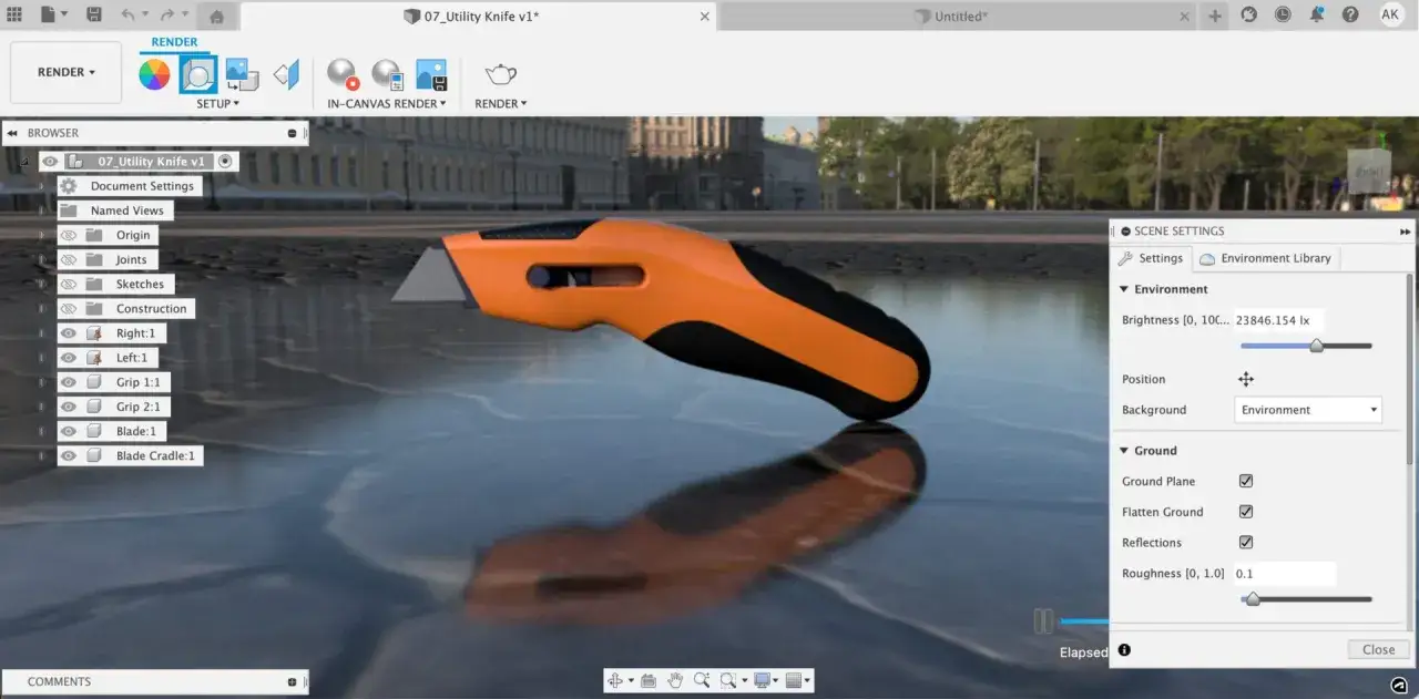 Pomarańczowy nóż uniwersalny w programie Fusion 360, odbijający się w mokrej nawierzchni.