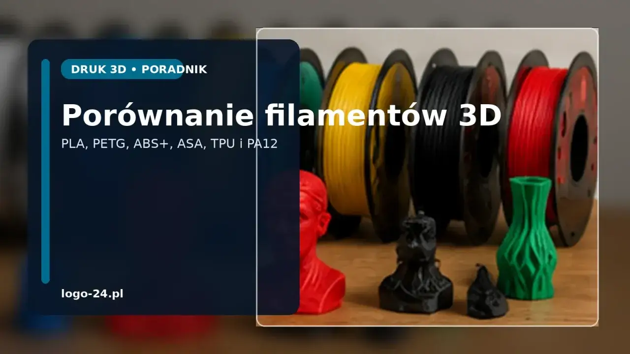 Por&oacute;wnanie filament&oacute;w 3D: PLA, PETG, ABS+, ASA, TPU i PA12. Kolorowe szpulki filament&oacute;w i wydrukowane modele, w tym czerwiony popiersie i zielony wazon.