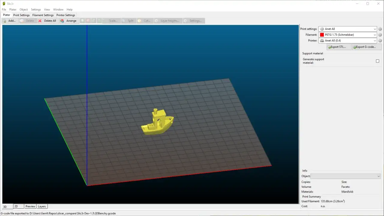Ż&oacute;łty model ł&oacute;dki na siatce w programie Anycubic slicer. Widoczne ustawienia druku, filamentu i drukarki.