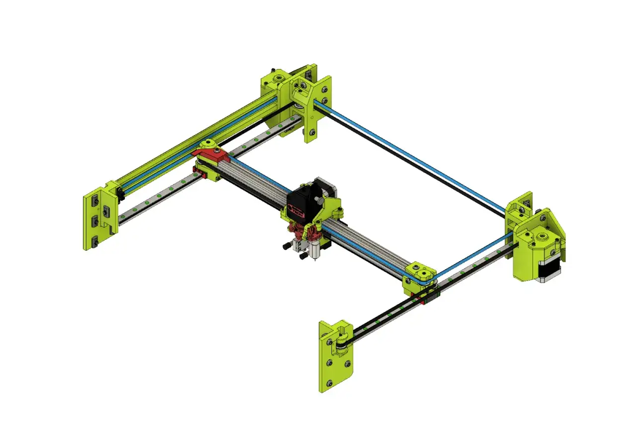 Projekt mechanizmu drukarki 3D. Zobacz, jak zrobić drukarkę 3D, analizując jej konstrukcję z zielonymi elementami i czarnymi paskami.