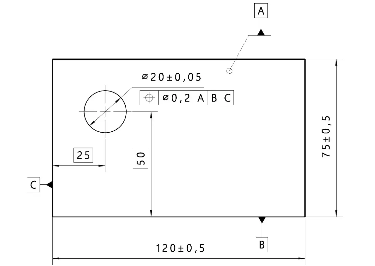 Rysunek techniczny z wymiarami i symbole tolerancji geometrycznych. Określają precyzję wykonania otworu i jego położenia.