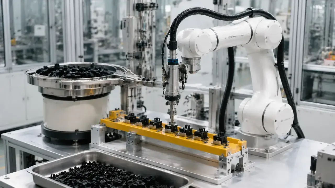 Biały robot wsp&oacute;łpracujący precyzyjnie pobiera małe czarne elementy z taśmy produkcyjnej, umieszczając je na ż&oacute;łtej linii montażowej.