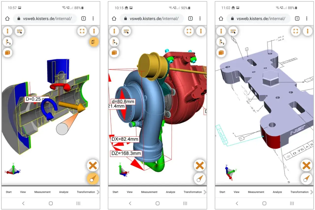 Trzy ekrany aplikacji do przeglądania modeli 3D. Pierwszy pokazuje przekrój elementu z wymiarami, drugi turbosprężarkę, a trzeci metalową płytę. Użyj tego step viewer do analizy detali.