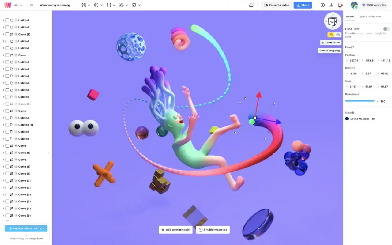 Kolorowa postać w powietrzu, tworząca projekt 3D online. Obok niej unoszą się różne obiekty, a po prawej stronie panel edycji.