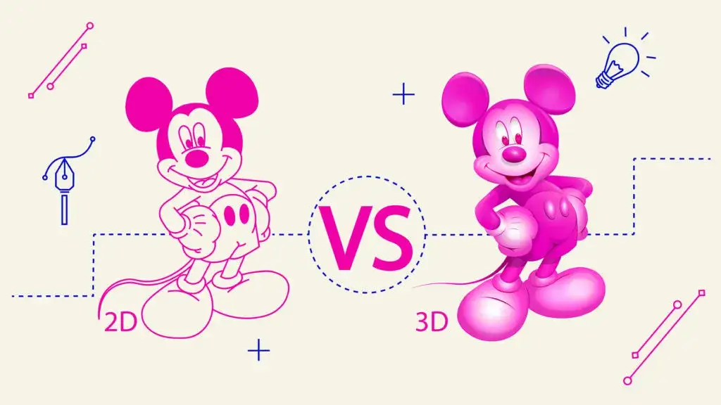 Myszka Miki w wersji 2D i 3D, porównanie stylów graficznych.