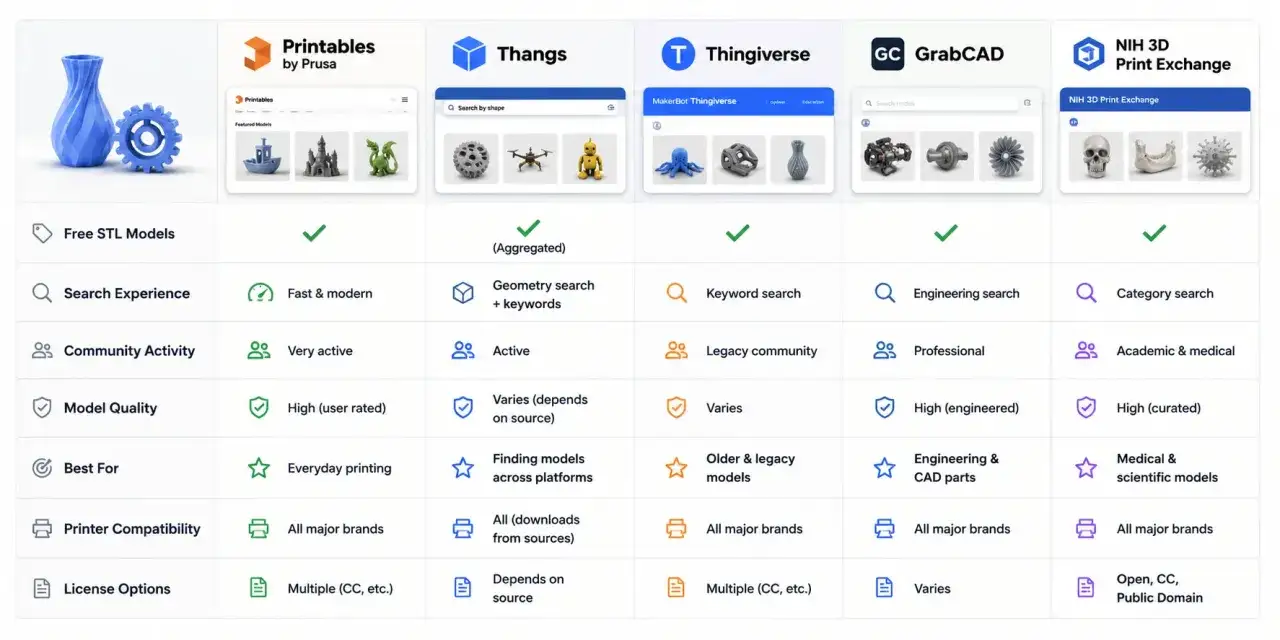 Porównanie platform z modelami 3D: Thingiverse, Thangs, Printables, GrabCAD, NIH 3D Print Exchange. Thingiverse oferuje wyszukiwanie po słowach kluczowych i legacy community.