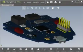 Model 3D płytki drukowanej z elementami elektronicznymi, widoczny w oprogramowaniu do projektowania.
