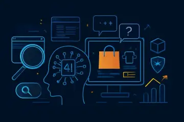 Grafika przedstawia schematyczny plik obj z ikonami symbolizującymi sztuczną inteligencję, wyszukiwanie, zakupy online i analizę danych.