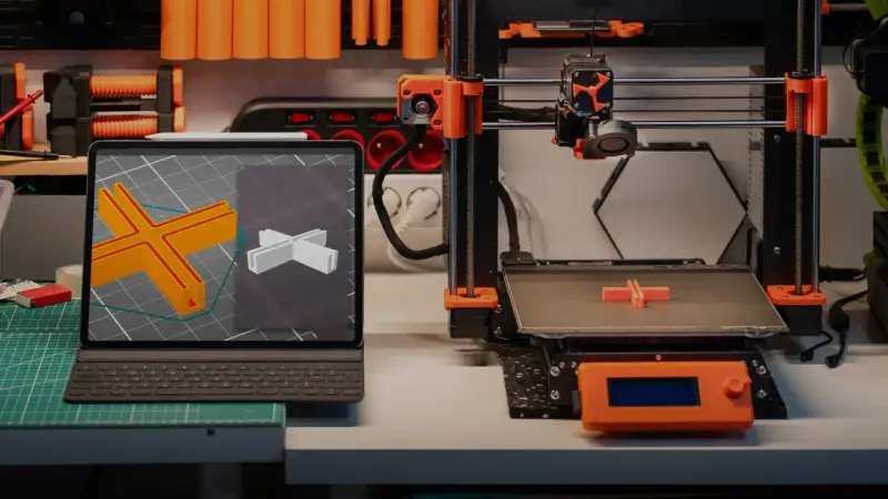 Na stole warsztatowym widać różne rodzaje drukarek 3D, tablet z modelem 3D i wydrukowany element.